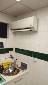 A completed PRA Air Conditioning job for a wall mounted air conditioning unit at a vets practice