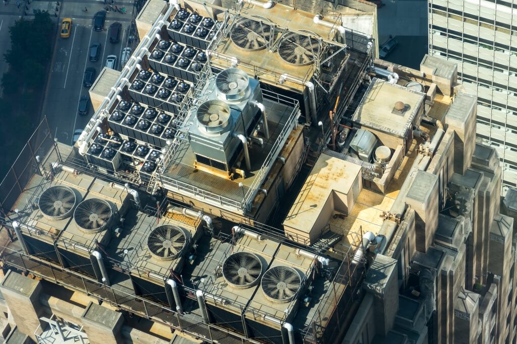 Air conditioning units on the top of a skyscraper