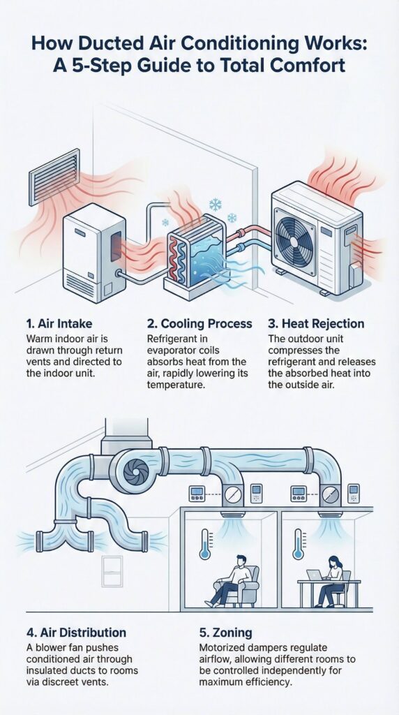 How Ducted Air Conditioning Works: an infographic with 2 diagrams. First, showing warm outdoor air drawn in from outside, cooled using refrigerant fluid in evaporator coils, compressing the regridgerant and releasing absorbed heat into the outside air. The second diagram shows the ducting system distributing the cooled air through insulated ducts via vents, and how different rooms can be conditioned independently.