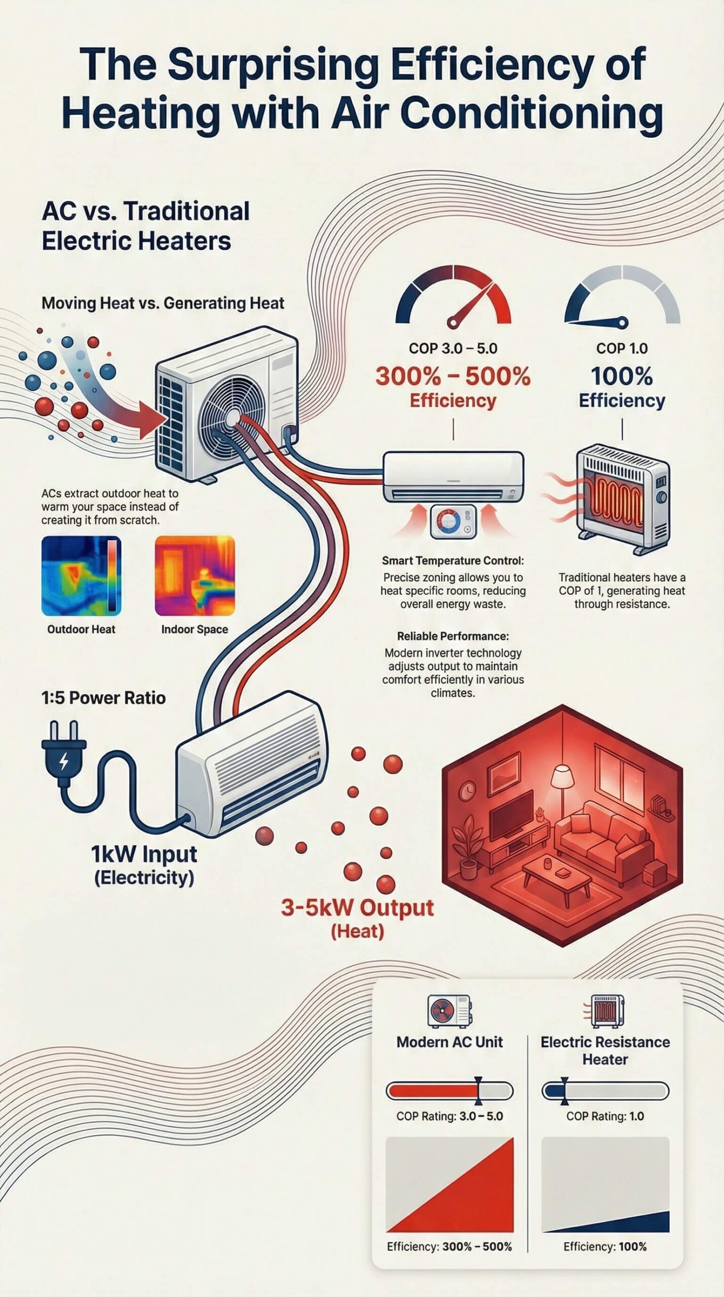 Infographic showing the efficiency using air conditioners as heaters vs electric heaters, as described in the rest of the article.