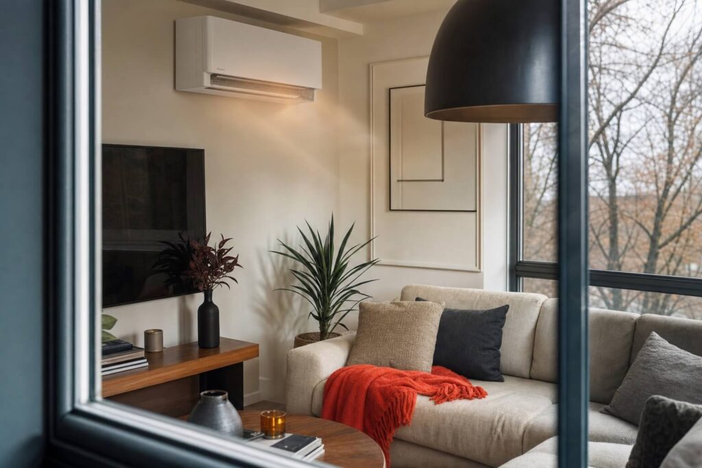 Wall-mounted air conditioning unit heating a living room