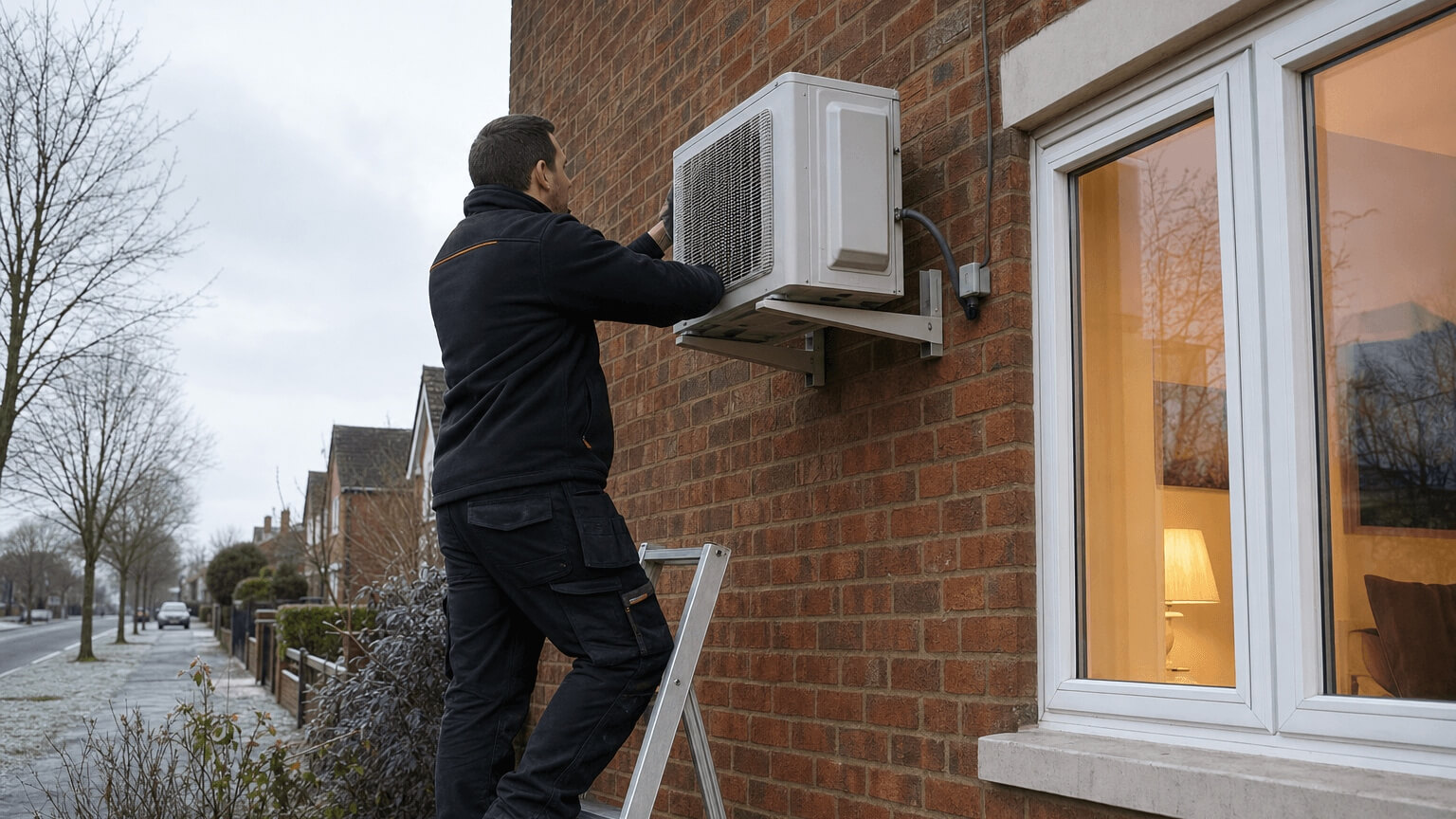 CheaperACInstallWinter-Hero PRA Air Conditioning engineer installing an external unit in the winter